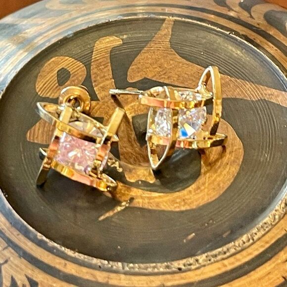 CZ and Gold Tone Stud Earrings #406 - Picture 3 of 5